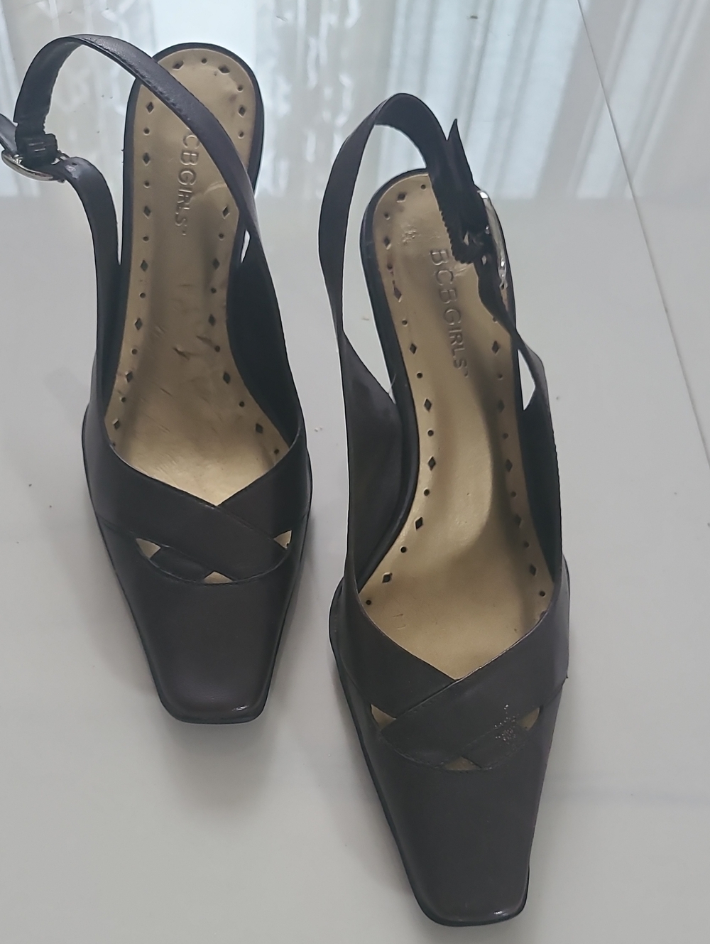 BCBGirls Brown Square-Toe Cross-Strap Slingback Heels